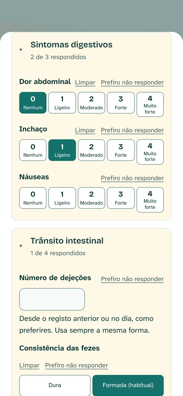 Formulário de bem-estar com sintomas digestivos e trânsito intestinal.