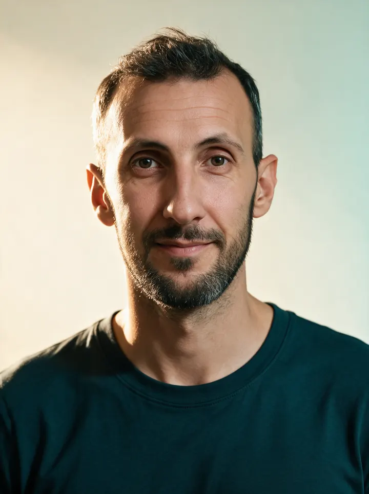 Retrato do fundador do myIBDaily, de t-shirt escura, num fundo de estúdio claro (imagem criada com IA a partir de fotografias reais).