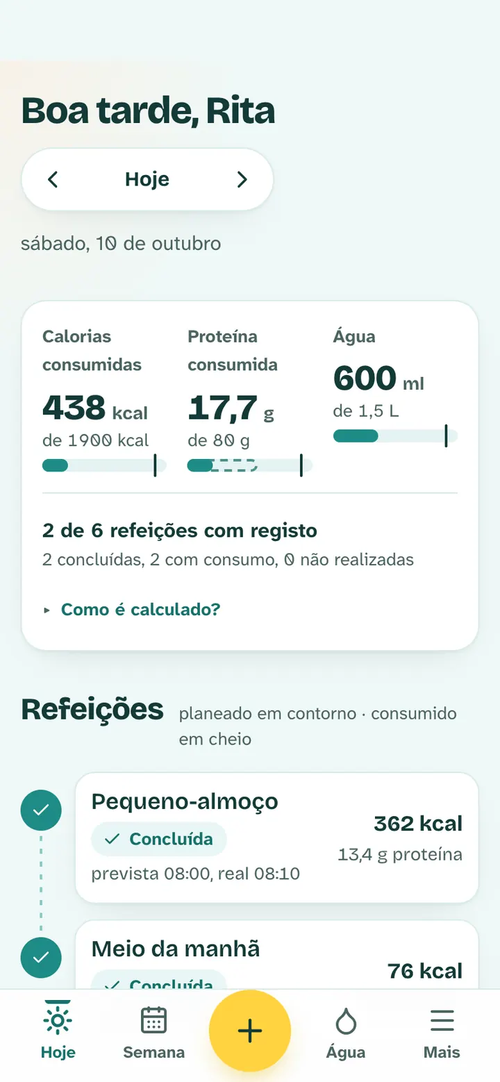 Ecrã Hoje no telemóvel com o resumo do dia e as refeições.